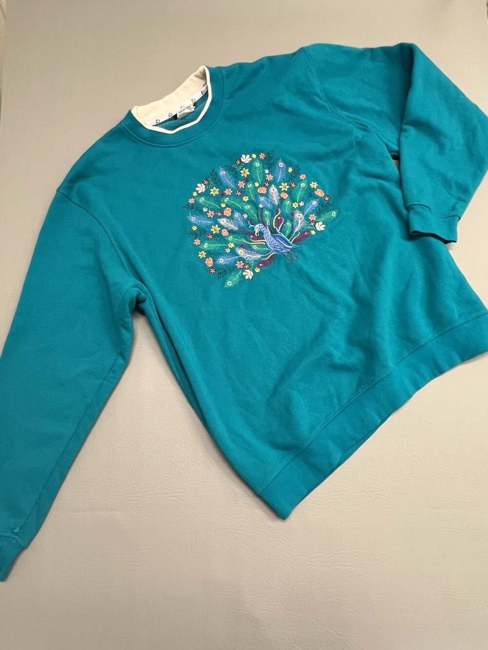 Grandma Core Vintage Sweatshirt Women Size 2XL Teal Peacock Cottage 90s Cozy